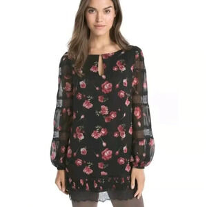 White House Black Market Size 2P Dark Floral Long Sleeve Tunic Mesh Sleeves